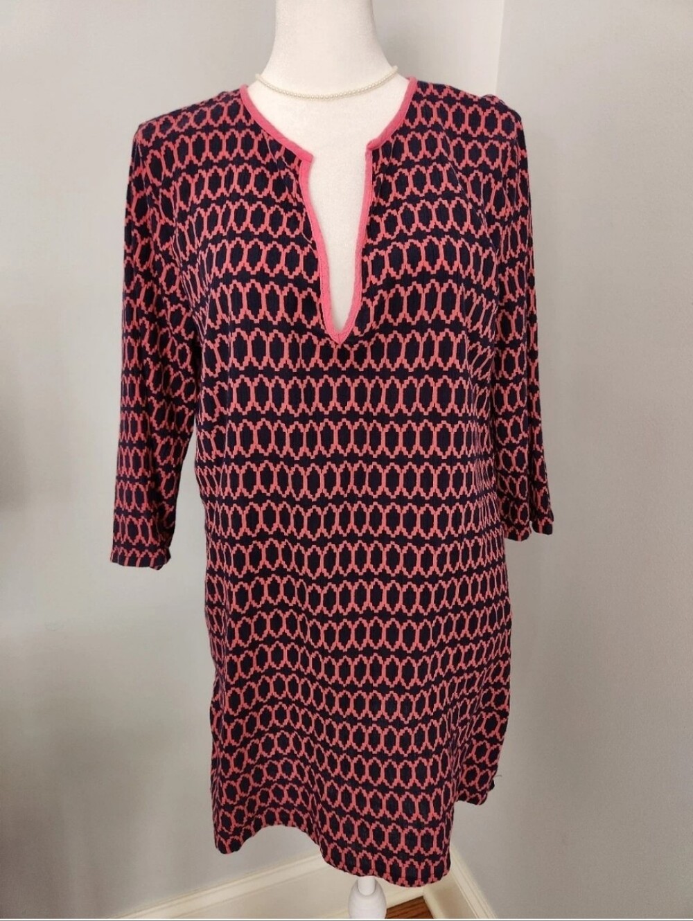 J. Crew Womens Navy and Coral Patterned V-Neck Swim Coverup Or Tunic S